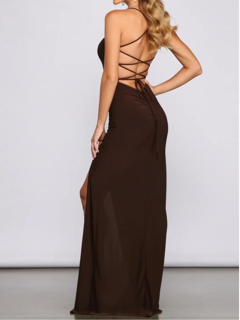 Windsor Chocolate Brown Backless Lace-Up Evening Gown
